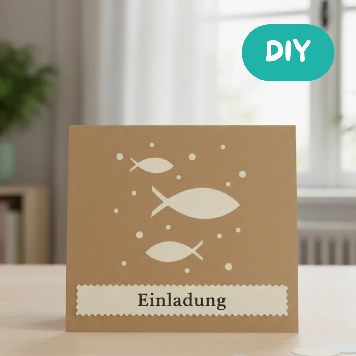 Selbst gestaltete Einladungskarte mit ausgestanztem Fischmotiv für Taufe, Kommunion oder Konfirmation