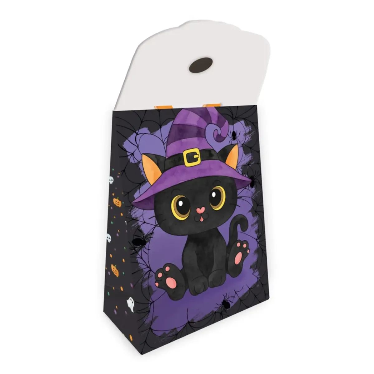 Schwarze und lila Geschenktasche Gruselfreunde Katze mit Tragegriff und praktischem Verschluss von vorn