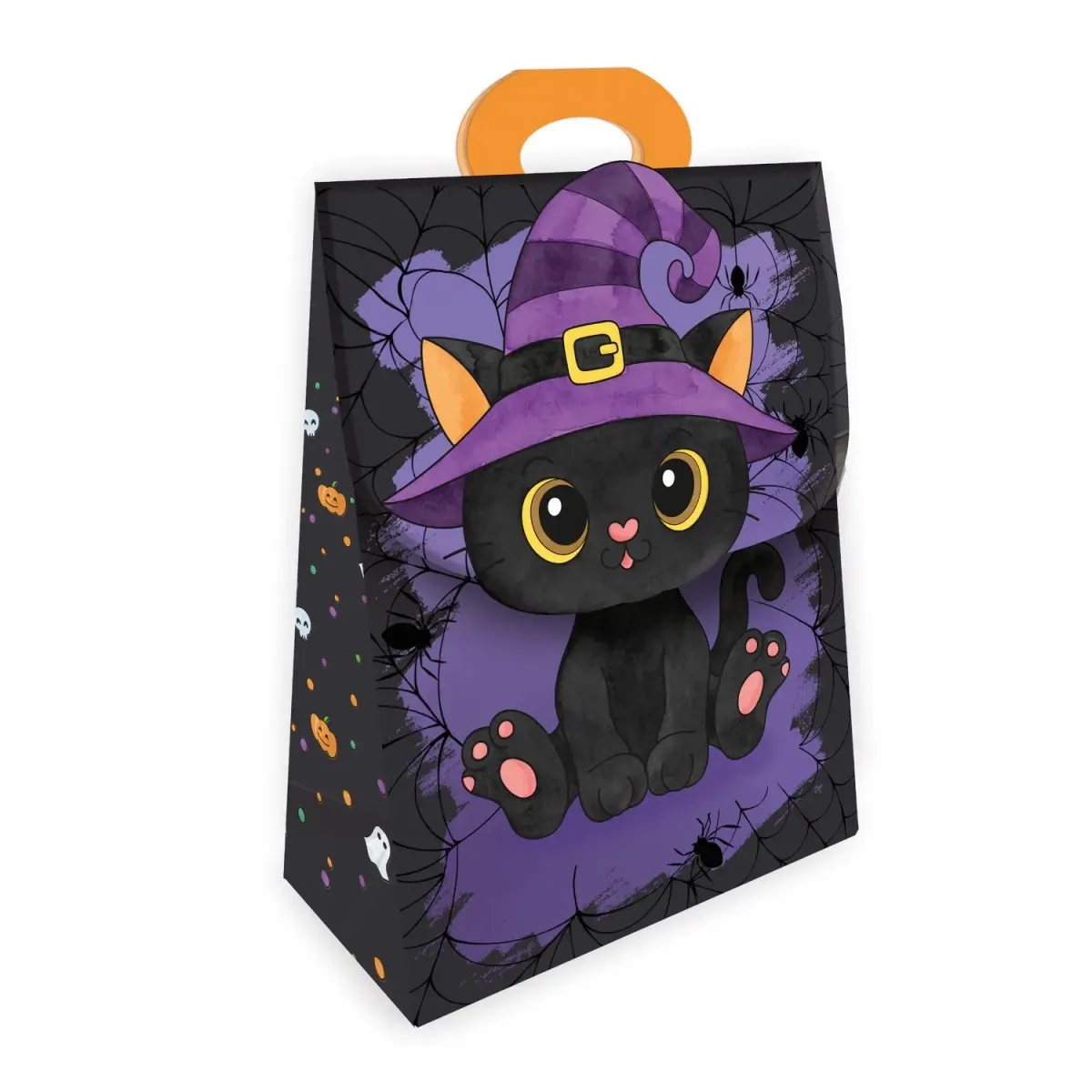 Geschenktasche Gruselfreunde Katze in Schwarz und Lila mit schwarzer Katze und Hexenhut