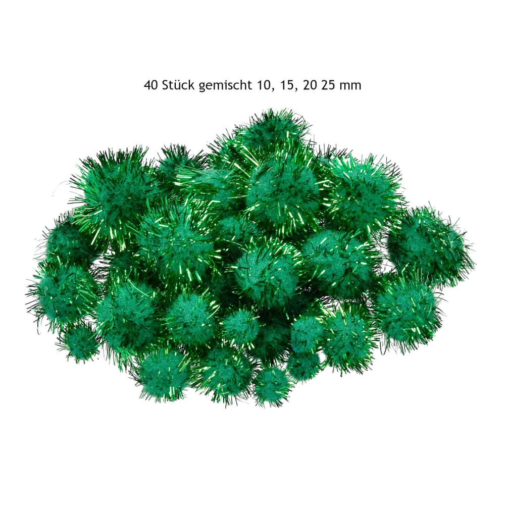 Pompons Glitter grün 10, 15, 20, 25 mm