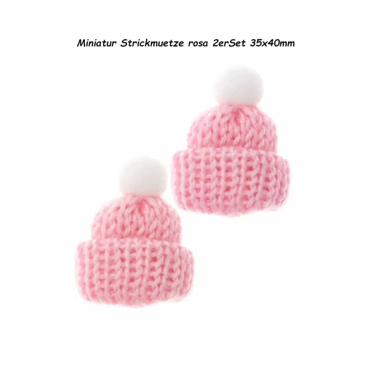 Zwei rosa Miniatur-Strickmützen mit weißen Bommeln in der Größe von ca. 3,5 x 4 cm