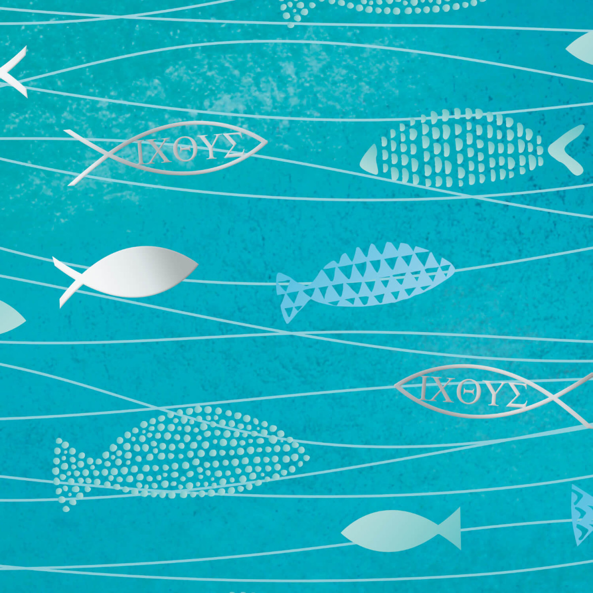 Motivkarton Fische aquablau Detailansicht Fischmotive