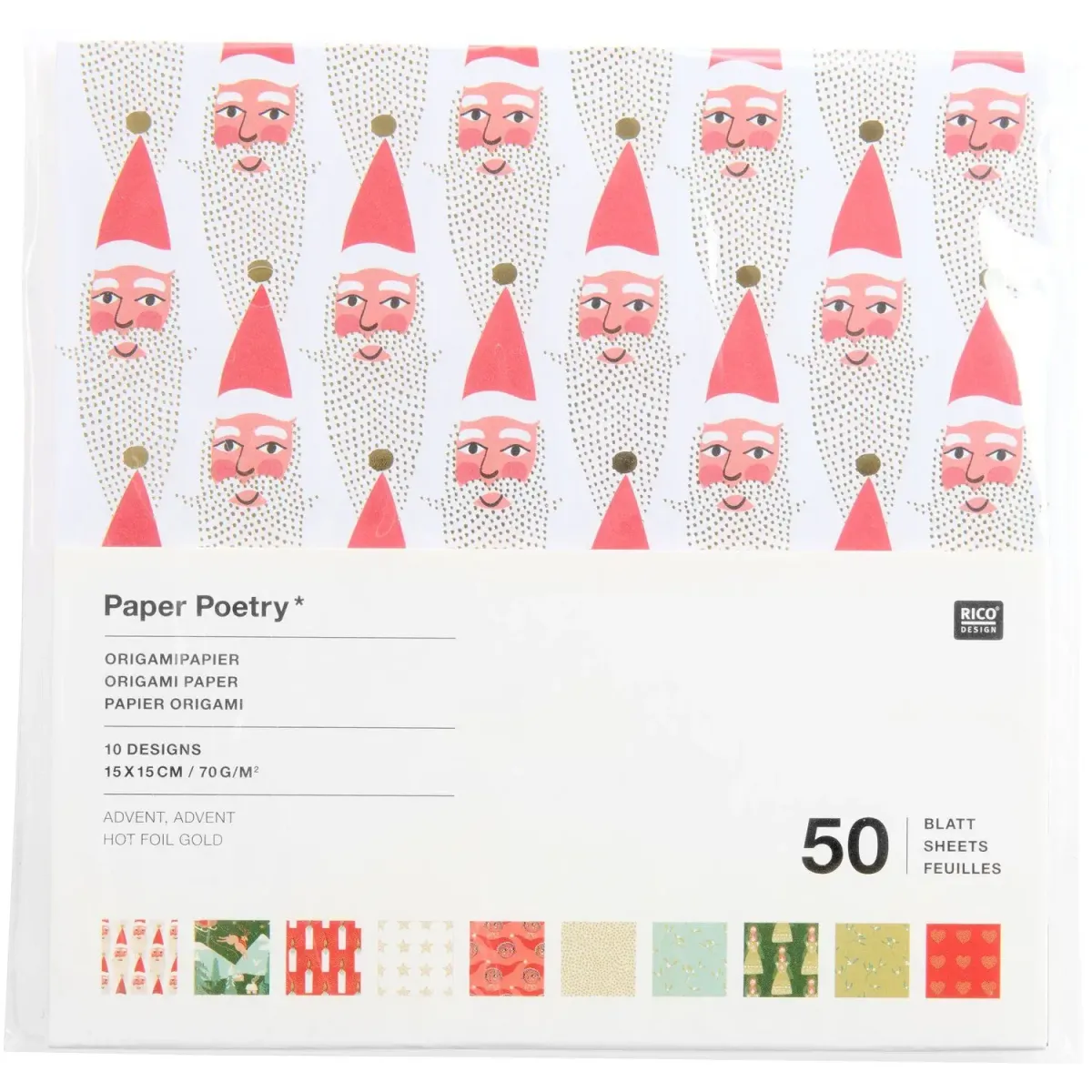 Origamipapier Advent mit 10 weihnachtlichen Designs und goldener Hot-Foil-Veredelung, 50 Blatt im Format 15 x 15 cm