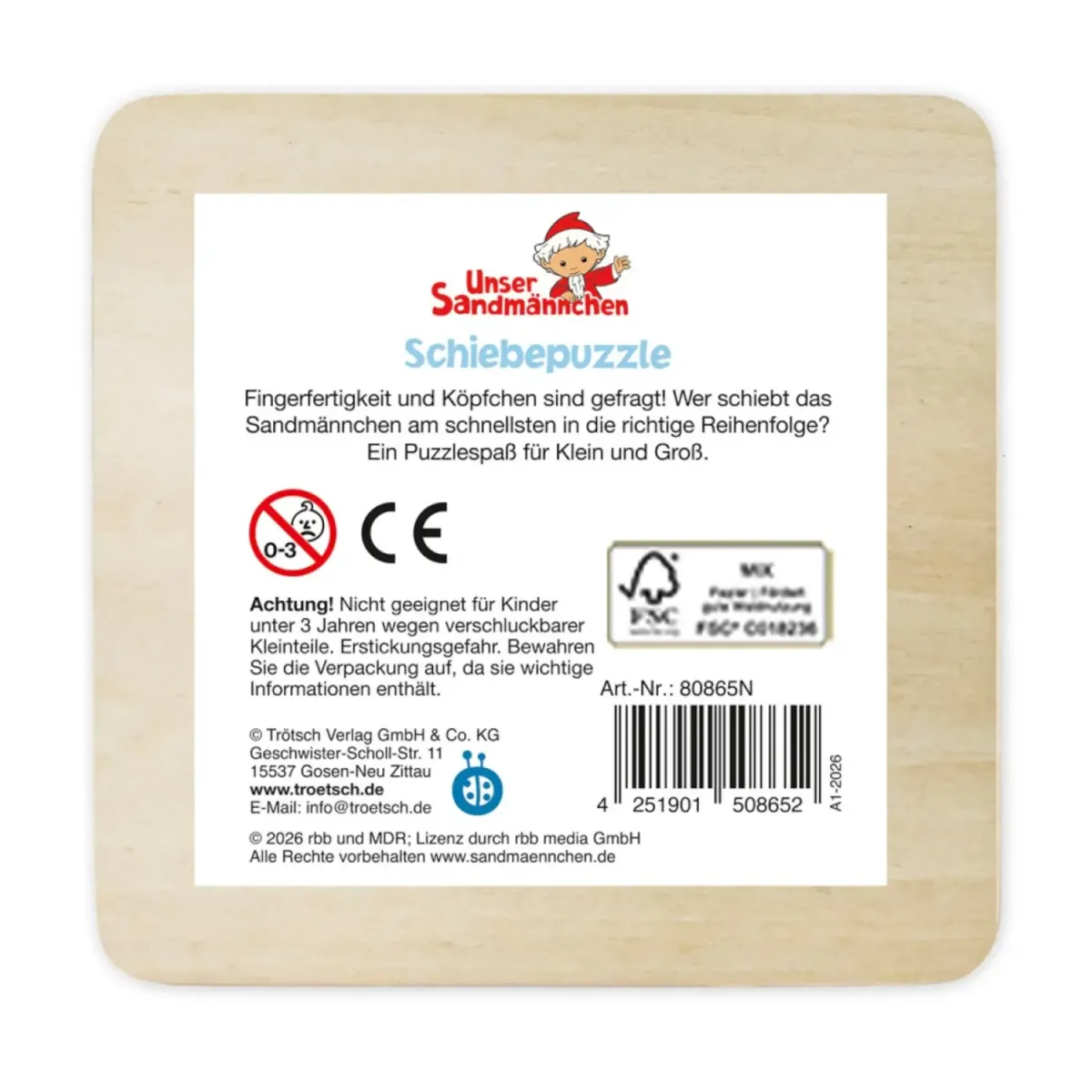 Schiebepuzzle Sandmann aus Holz Rückseite mit Infos