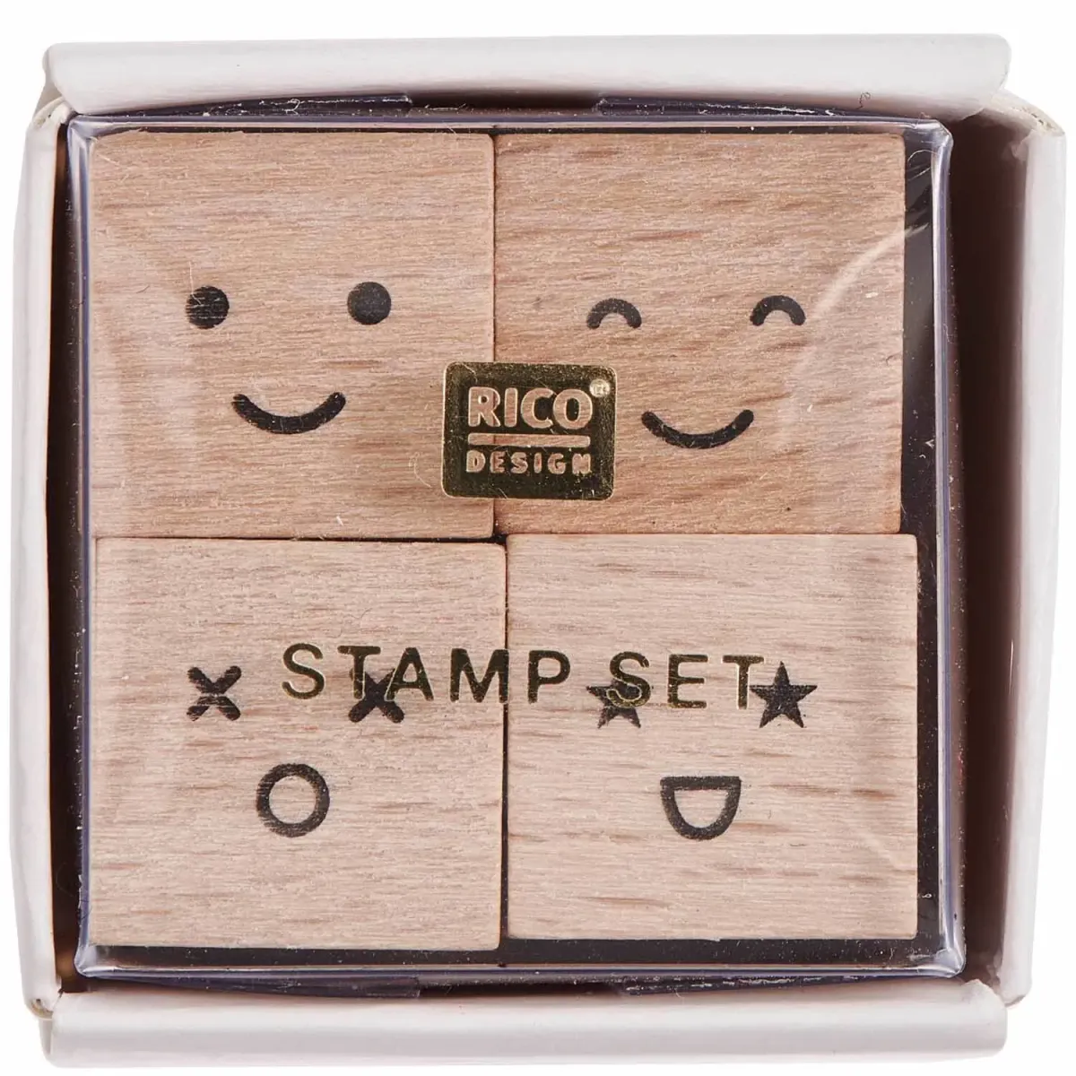 Mini-Stempel-Set Smile mit vier Holzstempeln in einer Pappschachtel mit transparentem Klarsichtdeckel
