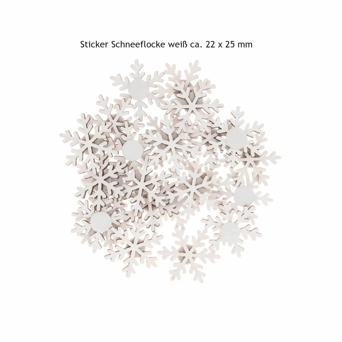 Weiße Holzsticker Schneeflocke mit Größenangabe von ca. 2,2 x 2,5 cm