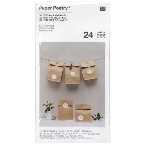 Adventskalender Set mit 24 Kraftpapiertüten, Zahlenstickern, Holzklammern und schwarzem Garn