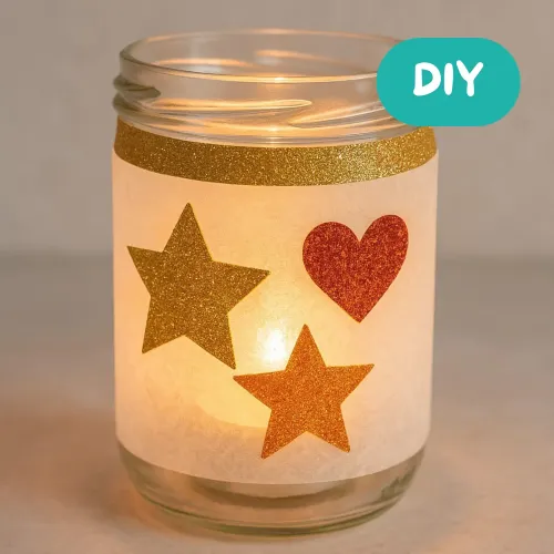 DIY-Windlicht selbermachen mit Glitzerkarton und Transparentpapier
