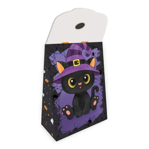 Schwarze und lila Geschenktasche Gruselfreunde Katze mit Tragegriff und praktischem Verschluss von vorn