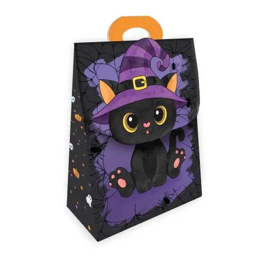 Geschenktasche Gruselfreunde Katze in Schwarz und Lila mit schwarzer Katze und Hexenhut