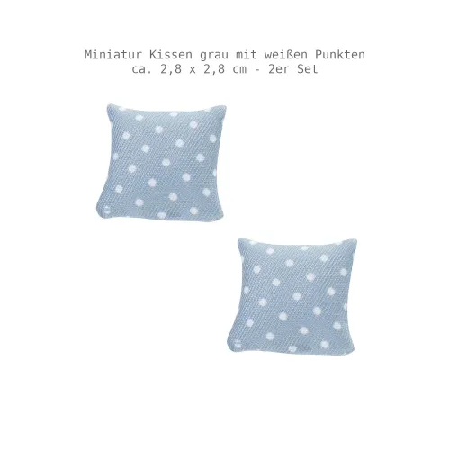 Zwei graue Kissen mit weißen Punkten mit Größenangabe von ca. 2,8 x 2,8 cm und Darstellung der enthaltenen Stückzahl von 2 Stück