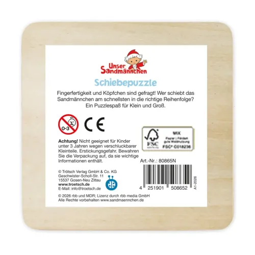 Schiebepuzzle Sandmann aus Holz Rückseite mit Infos