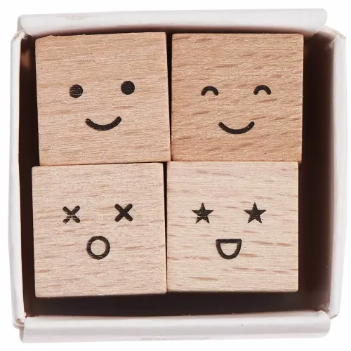Mini-Stempel-Set Smile mit vier kleinen Holzstempeln und fröhlichen Smile-Motiven zum Verzieren von Karten und Papier