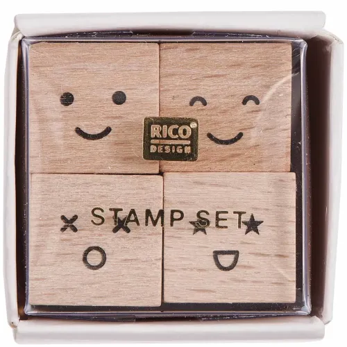 Mini-Stempel-Set Smile mit vier Holzstempeln in einer Pappschachtel mit transparentem Klarsichtdeckel