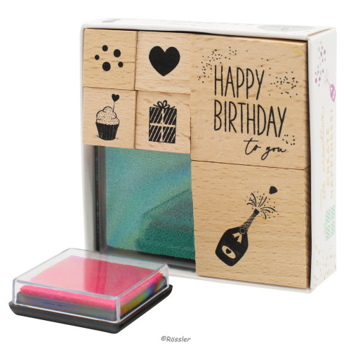 Holzstempel Set Party mit 6 Stempeln und 2 Stempelkissen