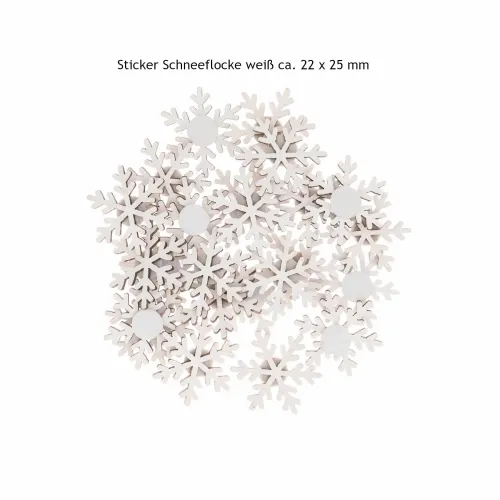 Weiße Holzsticker Schneeflocke mit Größenangabe von ca. 2,2 x 2,5 cm