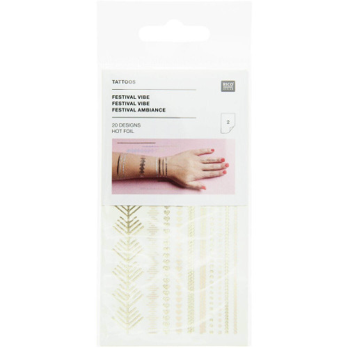 Tattoo Set Festival vibes 2 Bögen mit 20 Motiven mit gold- und irisierenden Effekten