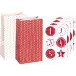 Adventskalender Set Papiertüten mit Stickern rot-weiß