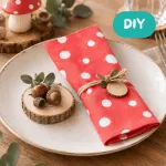 DIY-Idee Tischdeko mit Serviette im Fliegenpilzmuster und Holzscheiben