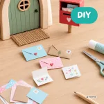 Mini-Briefe und kleine Kärtchen als selbst gebastelte Wichtelpost vor einer Miniatur-Wichteltür